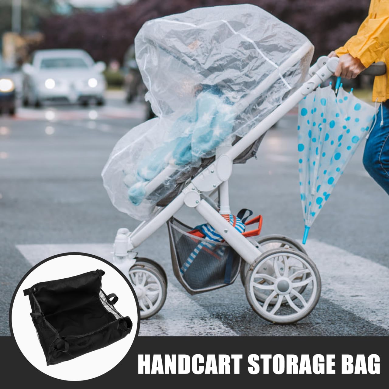 KOMBIUDA Cestino portaoggetti per passeggino in tessuto Oxford, facile organizer con grande capacità per bottiglie e piccole parti, pratico cestino inferiore per passeggini, 11,81 x 10,04 x 5,91 cm