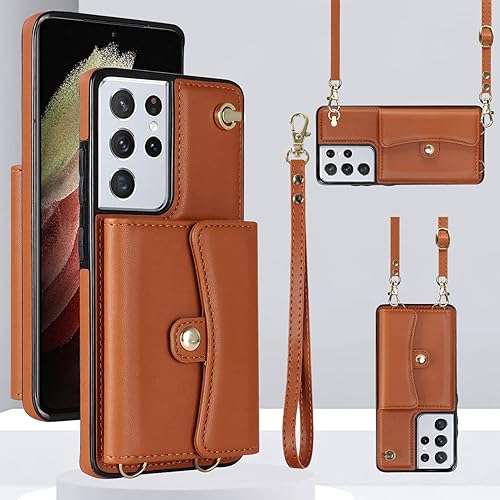 Funda para Samsung Galaxy S21 Ultra de 6.8 pulgadas, bandolera con correa de hombro, funda protectora de moda para Galaxy S21 Ultra (marrón)