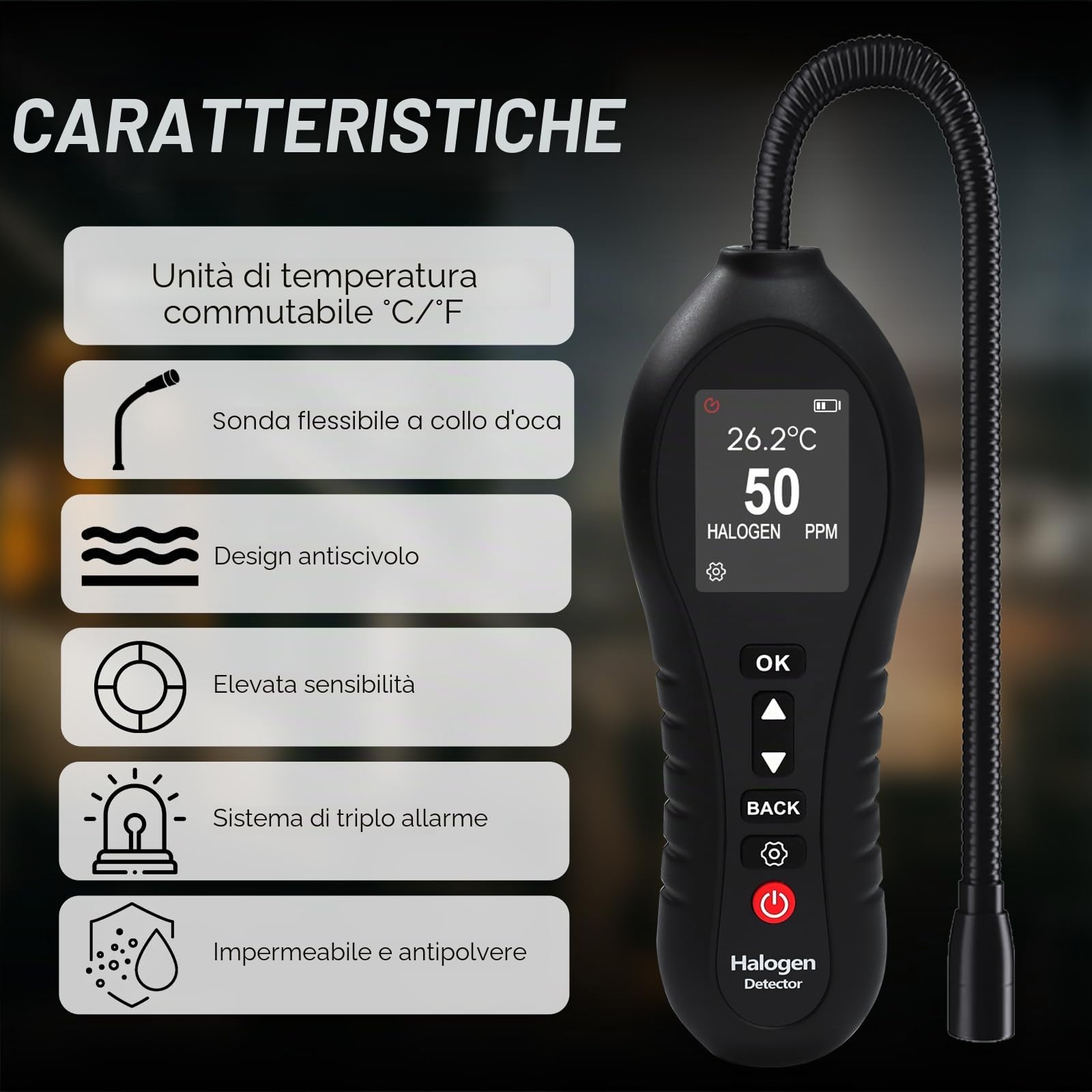 Rilevatore di perdite di refrigerante HVAC Freon Sniffer con sonda flessibile da 25,4 cm, gamma 0-1000 PPM, schermo colorato, per sistemi automobilistici e climatizzati (CFC, HCFC e HFC)