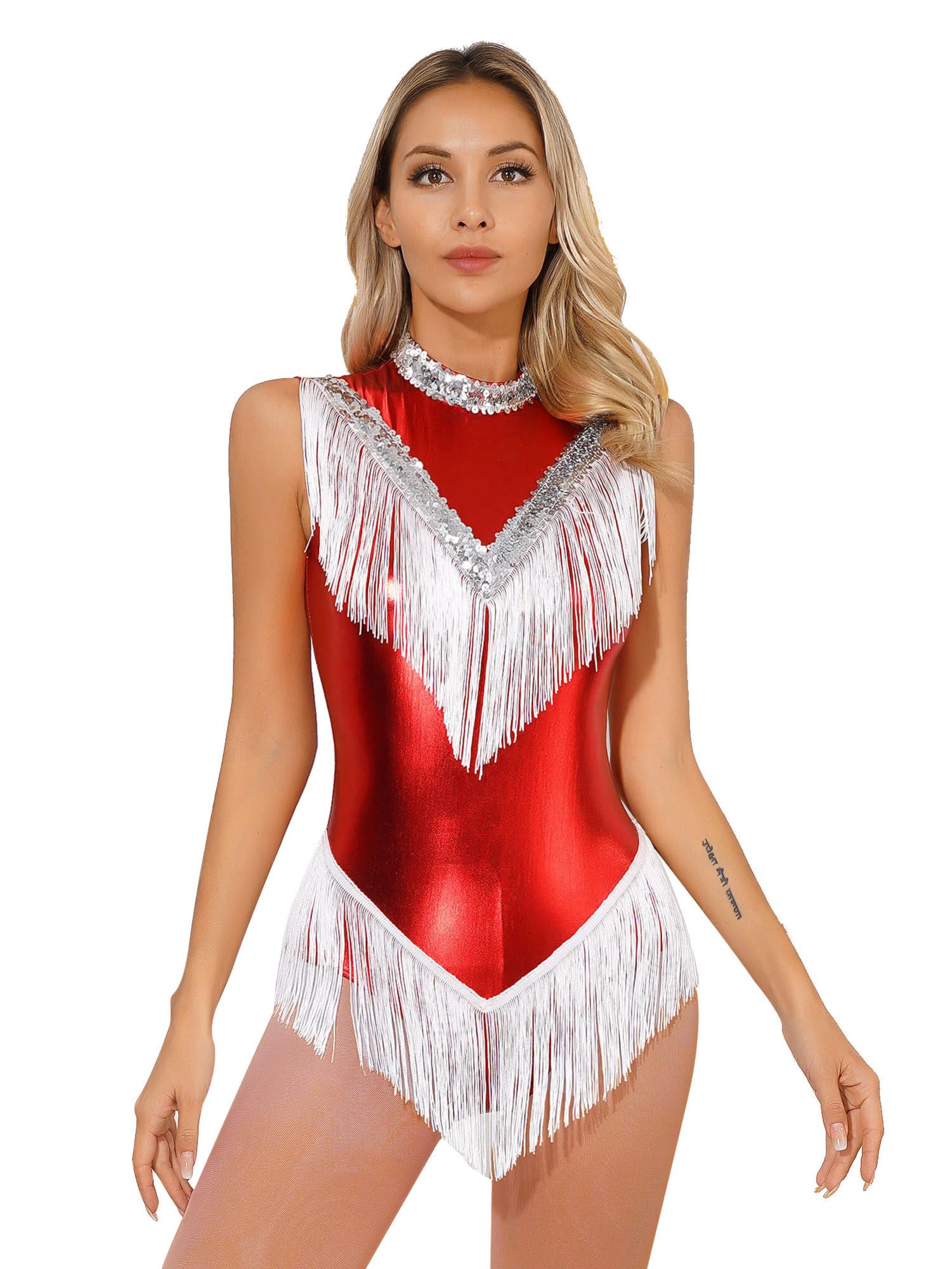 iEFiEL Maillot Brillante de Baile Latino con Flecos para Mujer Patinaje sin Mangas Leotardos Danza Salsa Tango Jazz Rumba