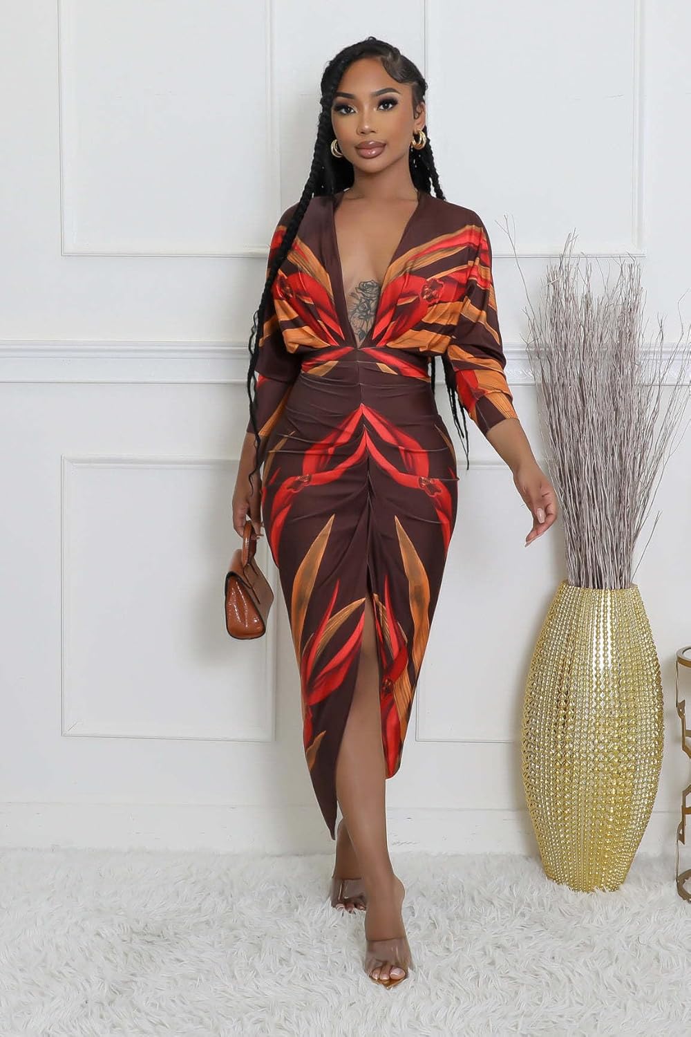Women Long Sleeve Dress Casual Bodycon Maxi Dress Deep V Neck Ruched Midi Dresses Sexy Slit Plus Size Dresses - Image 4