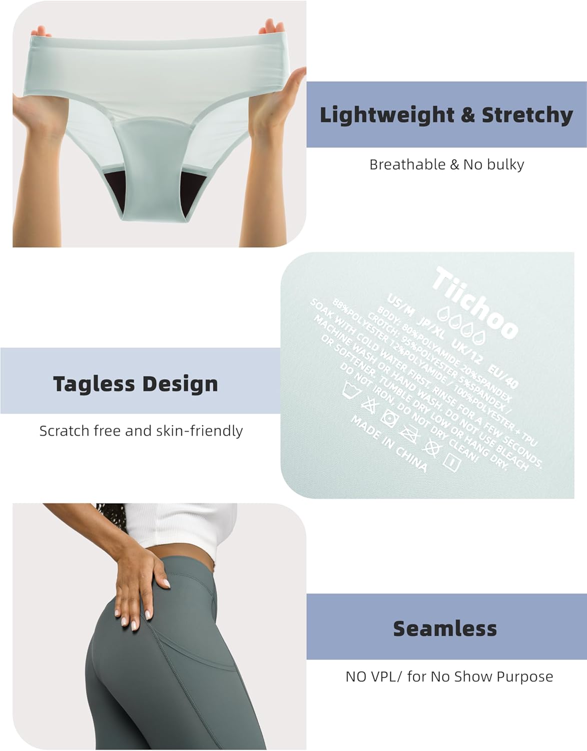 TIICHOO Period Underwear for Women Seamless Period Bikini Regular Absorbency Leakproof Underwear - Image 4