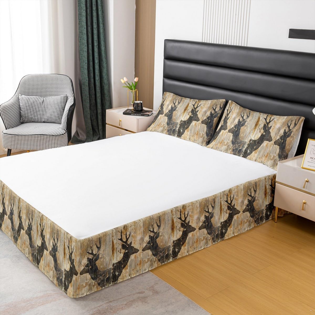 Feelyou Deer Bedskirt Queen, Boys Deer Bed Skirt for Kids Cute Dear Sheet & Wrap Around Bed Skirt Camo Deer Dust Ruffle Pleated Bedskirt with Split Corners