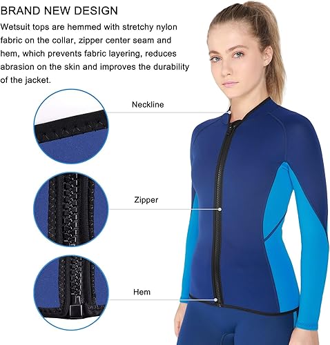 Miniatura 4 de REALON Chaqueta de neopreno para mujer, 0.079 in, parte superior de neopreno con cremallera frontal, traje de baño de manga larga para jóvenes en