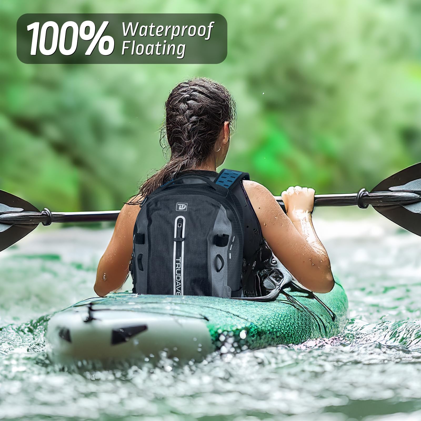 Trudave Wasserdichter Rucksack, schwimmende TPU-beschichtete Trockentasche mit luftdichtem Reißverschluss für Kajak, Angeln, Bootfahren, Wandern, Schwarz, 30L, Wasserdichte Tasche