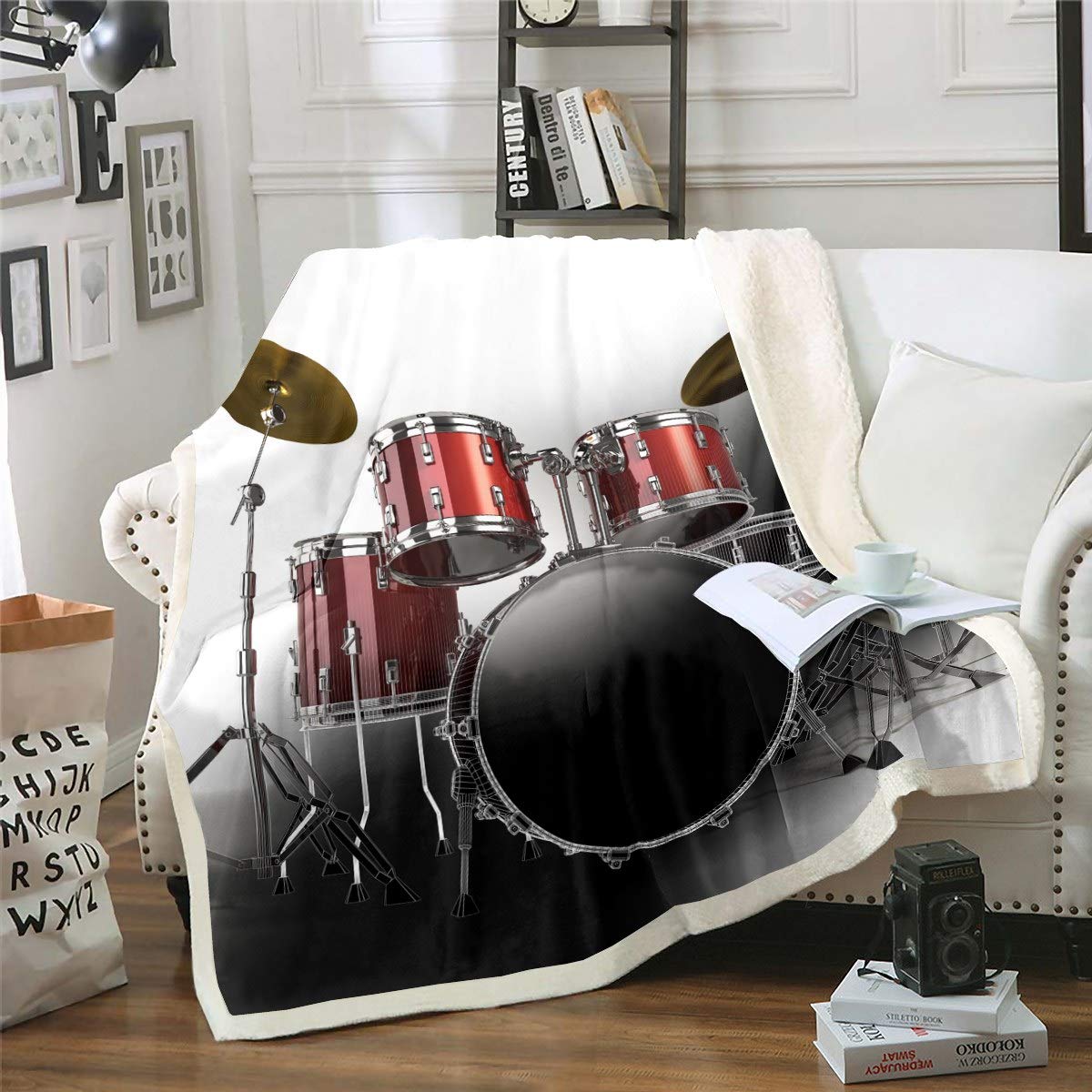 Loussiesd Drum Kit Sherpa Throw Blanket Rock Music Themed Fleece Blanket for Sofa Couch Musical Pattern Fuzzy Blanket Stain Resistant Drum Set Room Decor Single 50"x60" Blanket