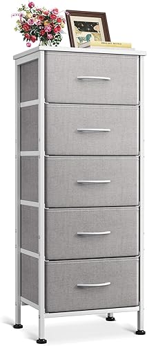 AODK Cómoda para dormitorio con 5 cajones de almacenamiento, cómoda pequeña de 40 pulgadas, cómoda de tela con marco de acero resistente, color gris