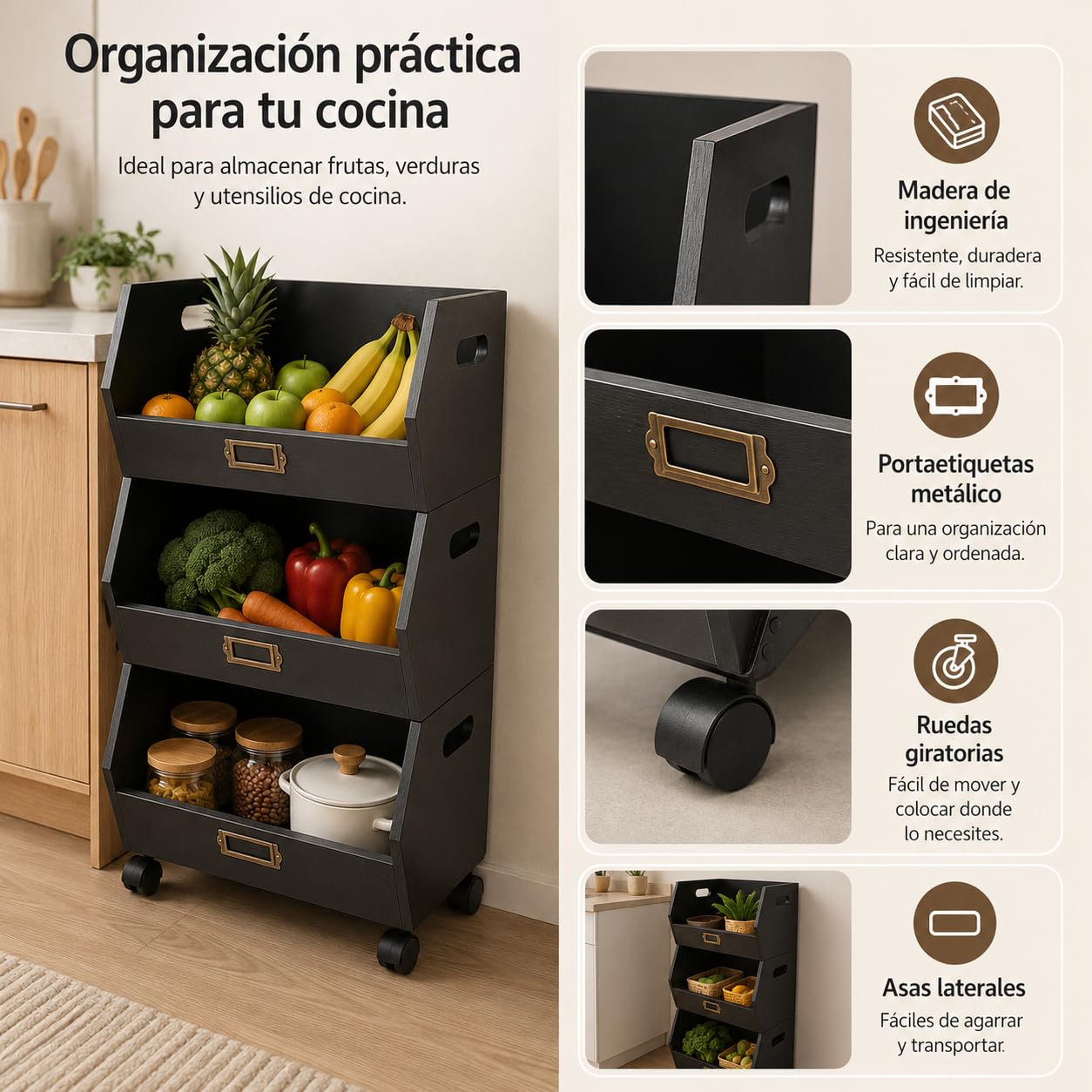 XZ-23007 Organizador Extraibles con Ruedas 3 Niveles Multiuso 32x28x60cm - Cajas de Almacenaje de Madera para Organizar Libros, Documentos, Frutas, Verduras Color Negro