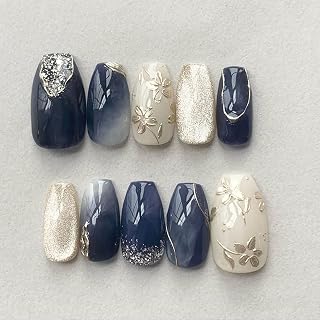 Purple Press on Nails Short Medium Coffin Fake Nails with 3D Embossed Silver Flower Designs White Gradient French Tips False Nails Full Cover Glitter Glossy Stick on Nails for Women 24Pcs