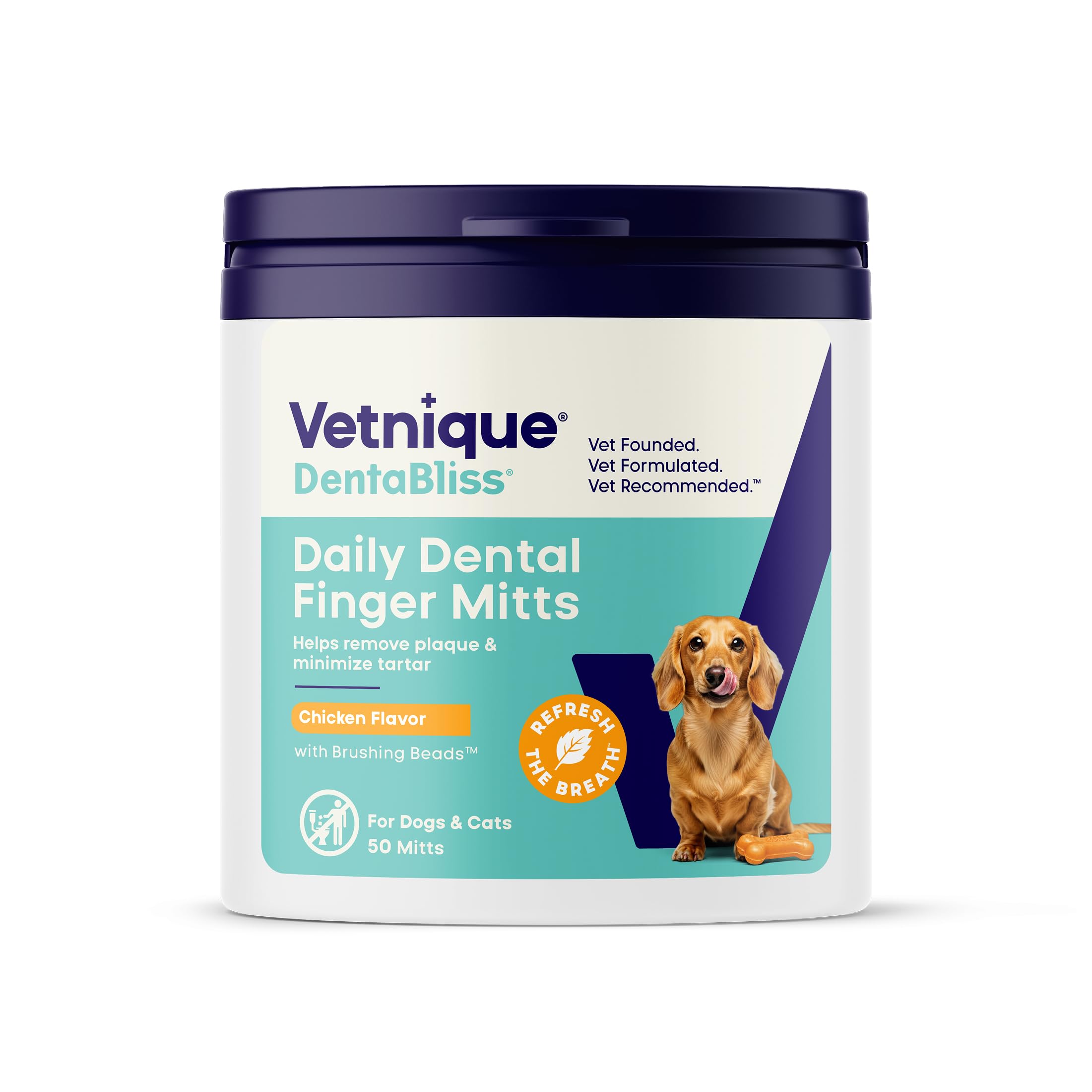 Vetnique Dentabliss - Dog Teeth Cleaning Finger Mitt Dental Wipe - Dog Plaque & Tartar Prevention with Brushing Beads - Flavored Dog Teeth Wipes, Dog Breath Freshener (Chicken)