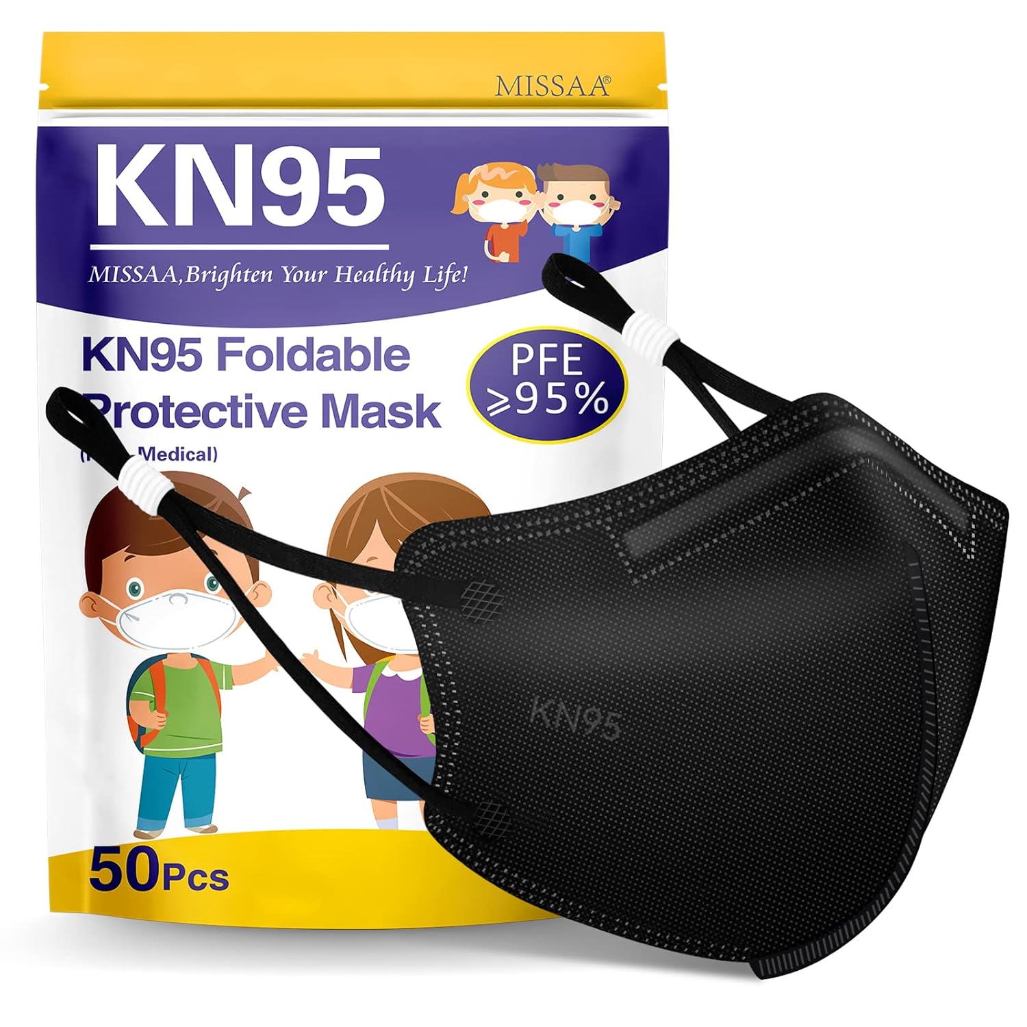 Kids KN95 Face Mask 50 PCS, 5-Ply Kids Masks Disposable Breathable Safety with Adjustable Ear Loops Protection for Children, Black