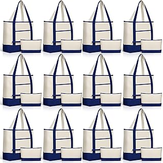 Sanwuta 24 Pcs 18'' Canvas Tote Bags Bulk with Makeup Bag, Blue
