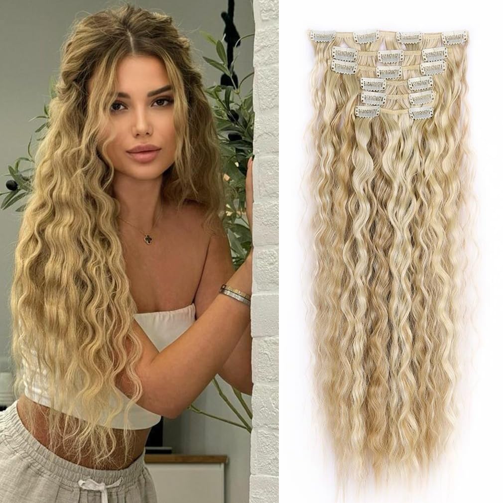 6PCS Clip in Hair Extensions 22" Synthetic Long Curly Wavy Hair Pieces Black Hair Extensions Natural Black Color Thick Deep Wave Hairpieces
