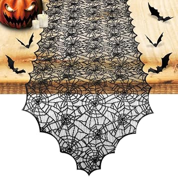 Nialnant Halloween Table Runner Decorations with 12 Pack 3D Bats | Spider Web Black Lace Table Runner for Kitchen Dinner Table, Halloween Holiday Party Decoration Indoor - 18 x 72 Inch