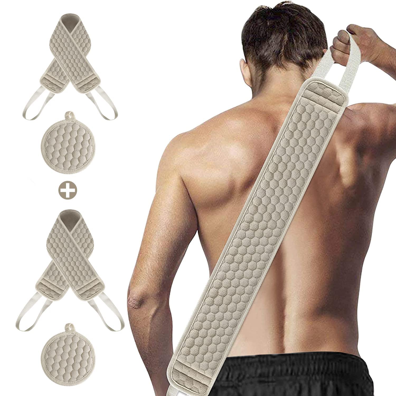 2 Pack Exfoliating Back Scrubber & Exfoliating Sponge Pad Set for Shower loofah Bath Shower Scrubber for Men and Women（32.5in*3.5 Inch & 36.5in*4.5 Inch）