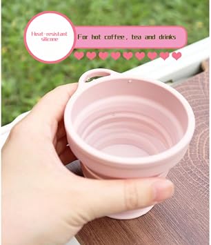 Reusable Foldable Silicone Water Cup, Portable Picnic Snacks Cup, Pocket Size Travel Cup Extensible, Collapsible Cups with Lid for Camping, Travel (Pink with Hook)