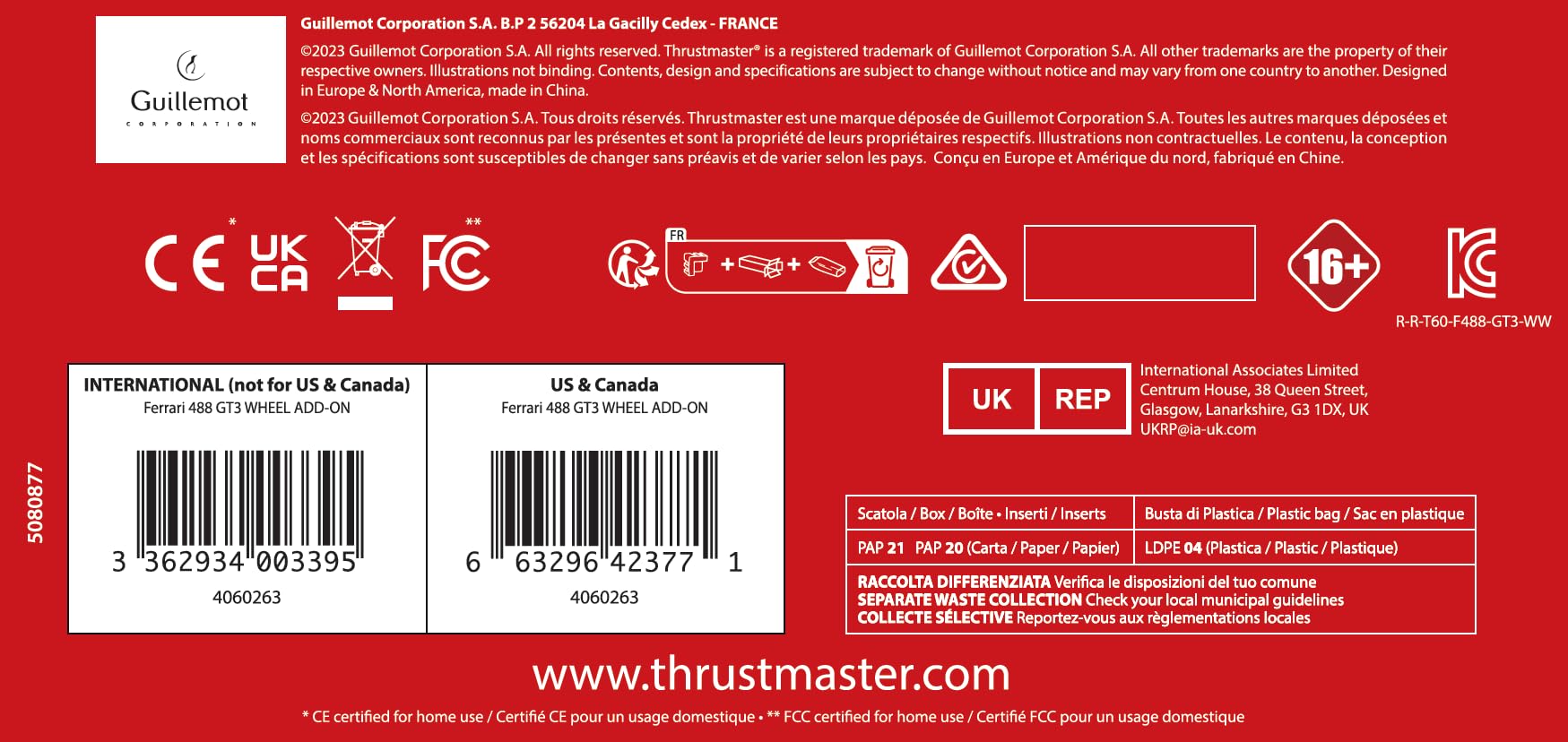 Thrustmaster Ferrari 488 GT3 Wheel Add-On, Volante Racing, PC, PS5, PS4, Xbox Series X|S, Xbox One, Su Licenza Ufficiale Ferrari