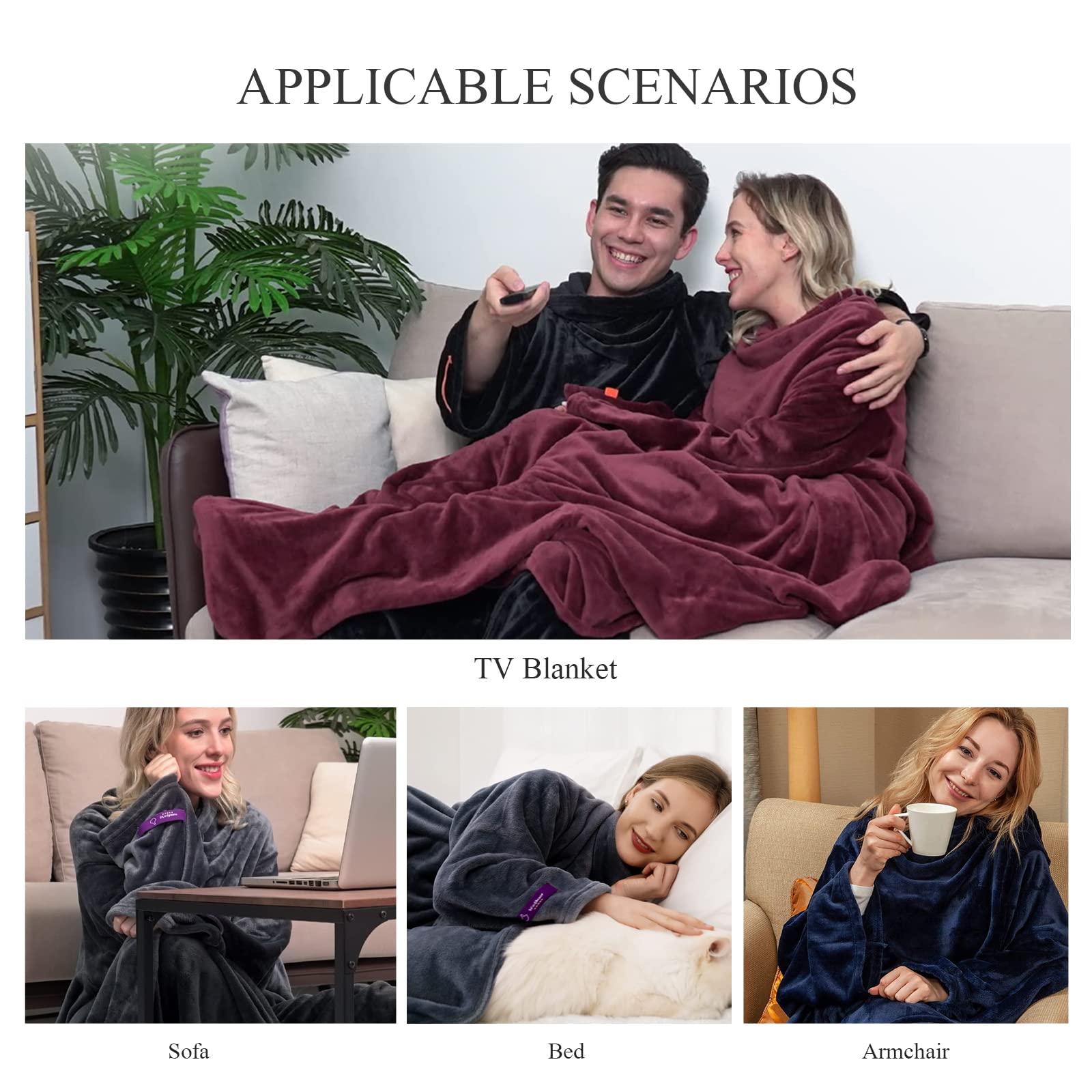 LumiSyne Batamanta con Mangas para Mujer Hombre Acogedora Manta Polar Suave Cálida Franela Invierno Manta De TV con Mangas Grande y Bolsillo Frontal Bata Manta Cómoda para Sala Estar Sofá 150×180cm