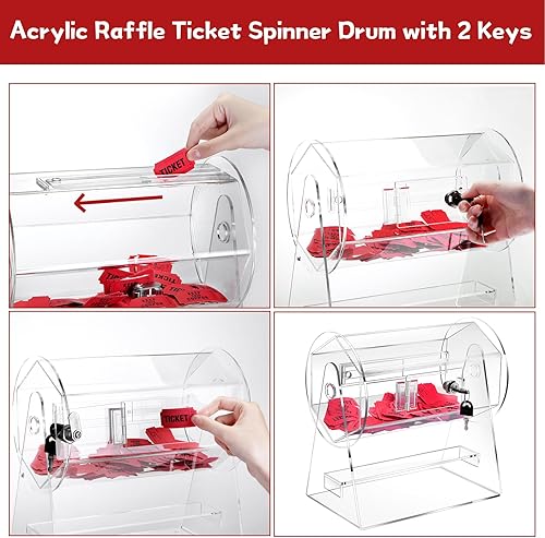 Miniatura 5 de Rifa de acrílico con 2000 boletos rojos de doble rollo, caja de boletos de rifa transparente con 2 llaves para juegos de lotería y bingo