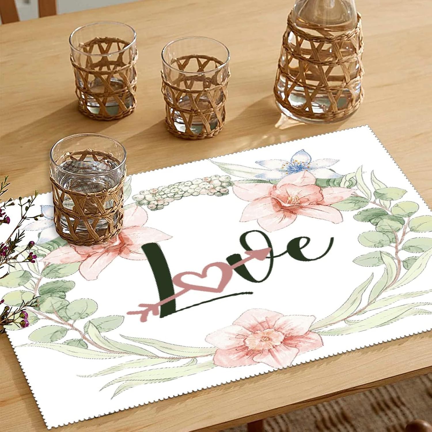 Placemat Flower Wreath Table Decor for Dining Kitchen Banquet Polyester Table Mat Set of 6 Love Dining Placemats Heat Resistant Washable Table Mats Non-Slip Stain Resistant Pad