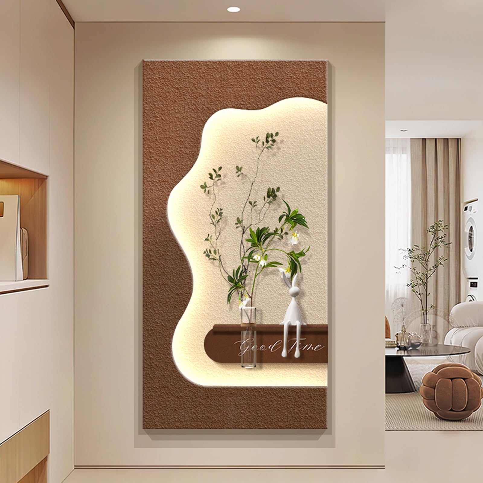 Sculpture murale 3D éclairante en grès avec plante artificielle déco sans cadre
