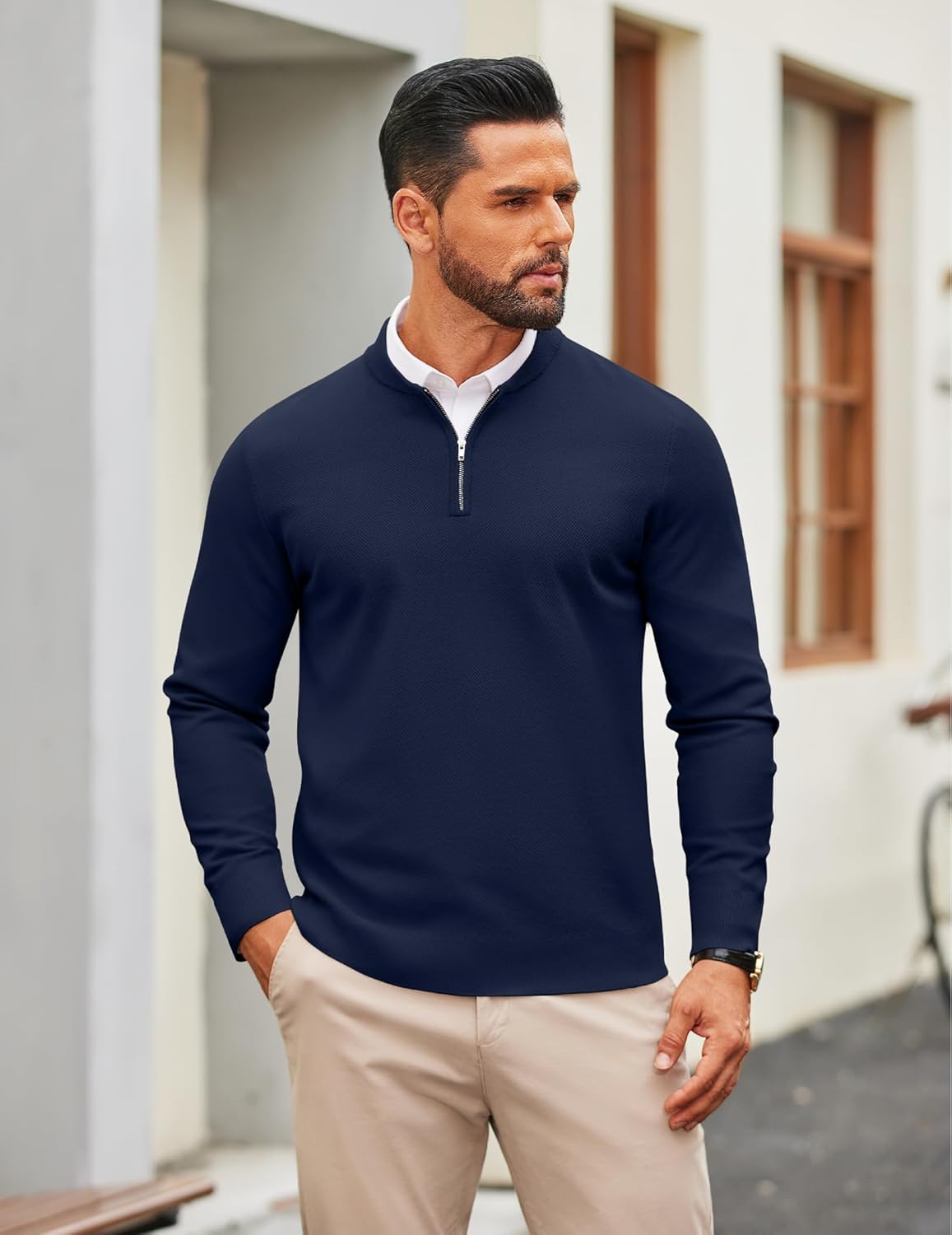 COOFANDY Mens Quarter Zip Pullover Slim Fit Knit Sweater Lightweight Mock Neck Casual Sweaters - Image 2