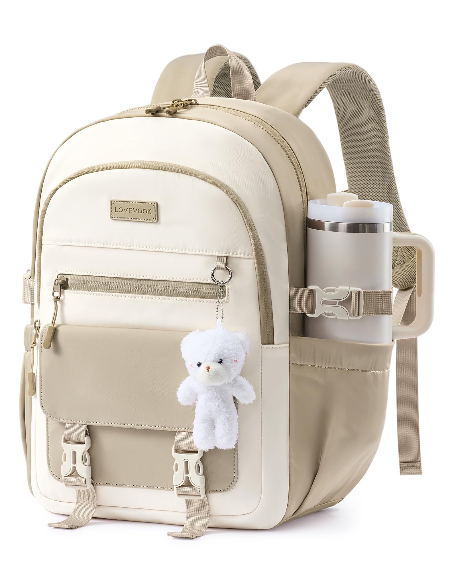 LOVEVOOK Schulrucksack Teenager Mädchen, 30L Großer Schulranzen Grundschule 5.Klasse, 15,6 Zoll Laptop Schultasche Damen Wasserdicht, Kawaii School Bag for Girls Backpack Women für Schule, Beige Khaki