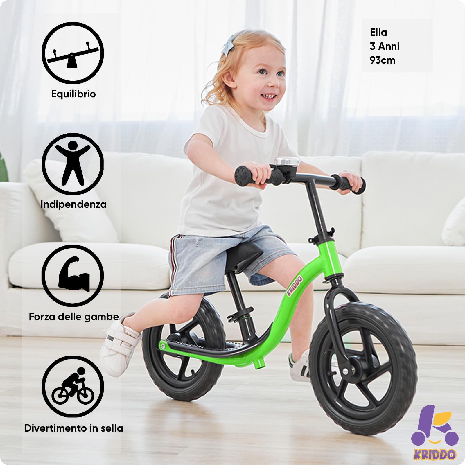 KRIDDO Bicicletta Senza Pedali per Bambini di 2 Anni, Età 24 Mesi a 5 Anni, Bicicletta Interattiva per Apprendimento Precoce con Stabilità, Regalo per Bambini e Bambine di 2-5 Anni