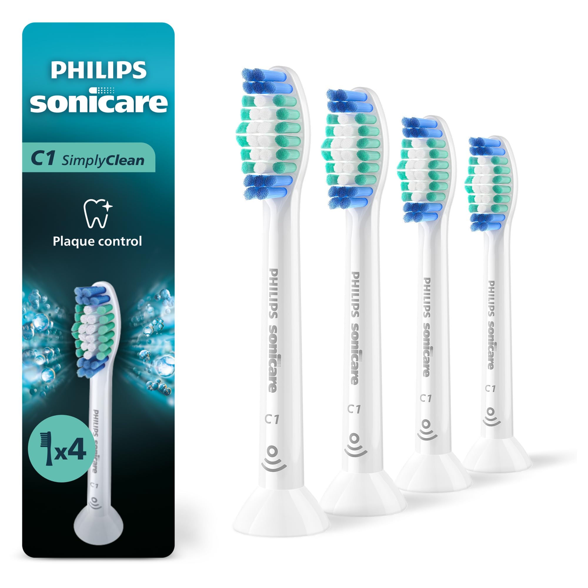 Philips SonicareC1 SimplyClean - Genuine Replacement Electric Toothbrush Heads, White, 4 Pack One Year Supply, HX6014/65
