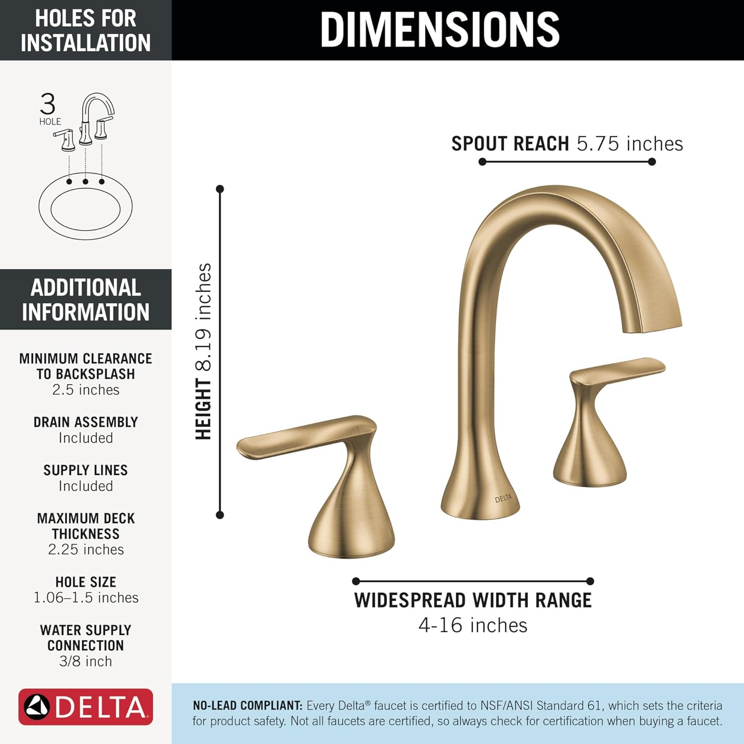 Delta Bonacci Brushed Gold Bathroom Faucet 3 Hole, 8 Inch Widespread Bathroom Sink Faucet for Vanity, Metal Push-Pop Drain Assembly, Lumicoat Champagne Bronze 3545-CZ-PR-DST