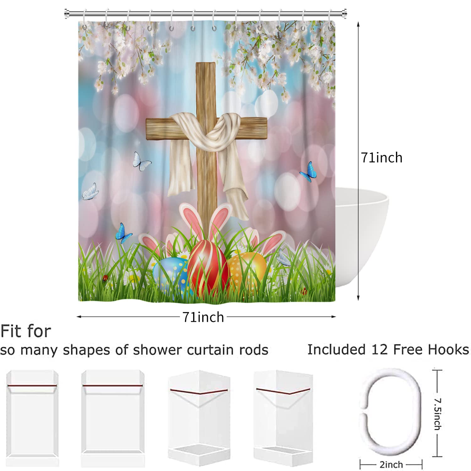 Oster-Duschvorhang Mit Blumen & Hasen – Wasserdicht, 183x198 Cm, Inkl. Haken