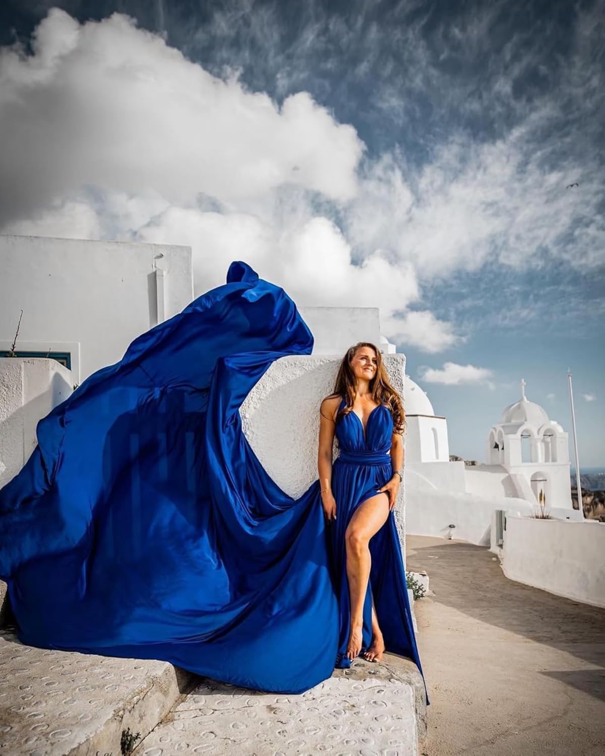 Elegant Blue Satin Dress, Flowing Silhouette, Women's