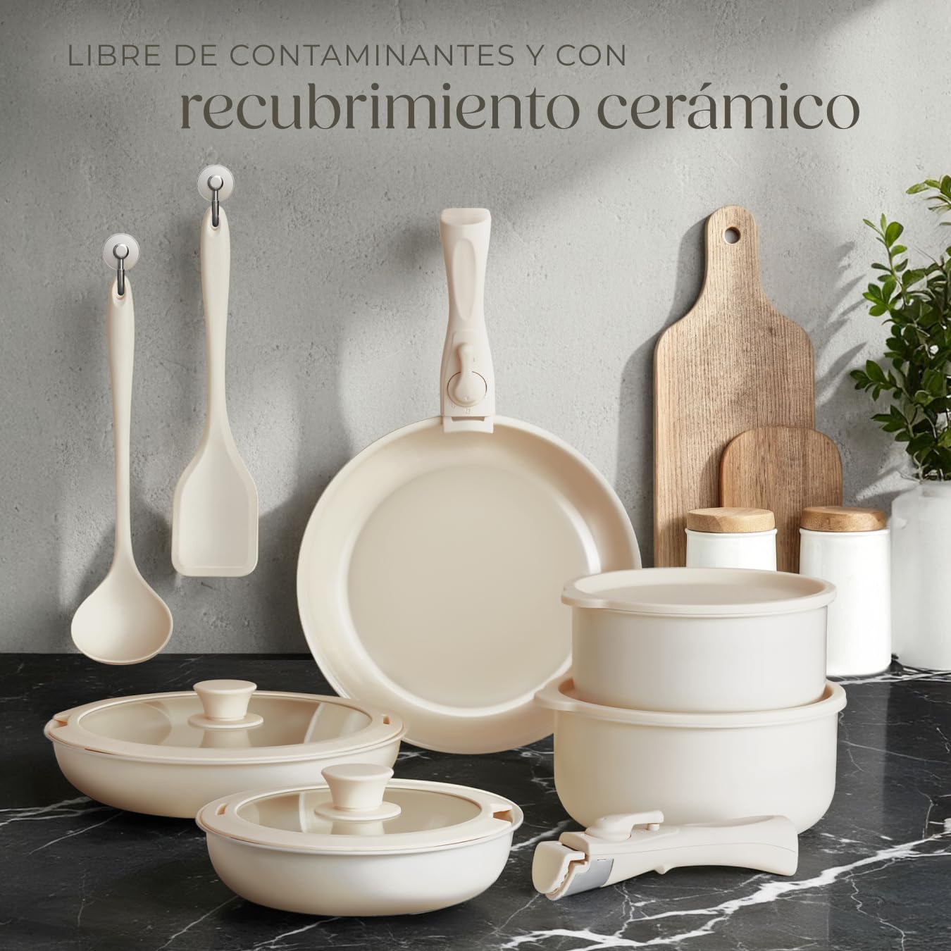 tectake® Juego de Cocina 16 Piezas Apto para Inducción, Incluye 2 Ollas Cocina Grandes, 3 Sartenes, Todo con Recubrimiento Cerámico Antiadherente y con Asas Extraíbles, Cocinas Completas - Blanco