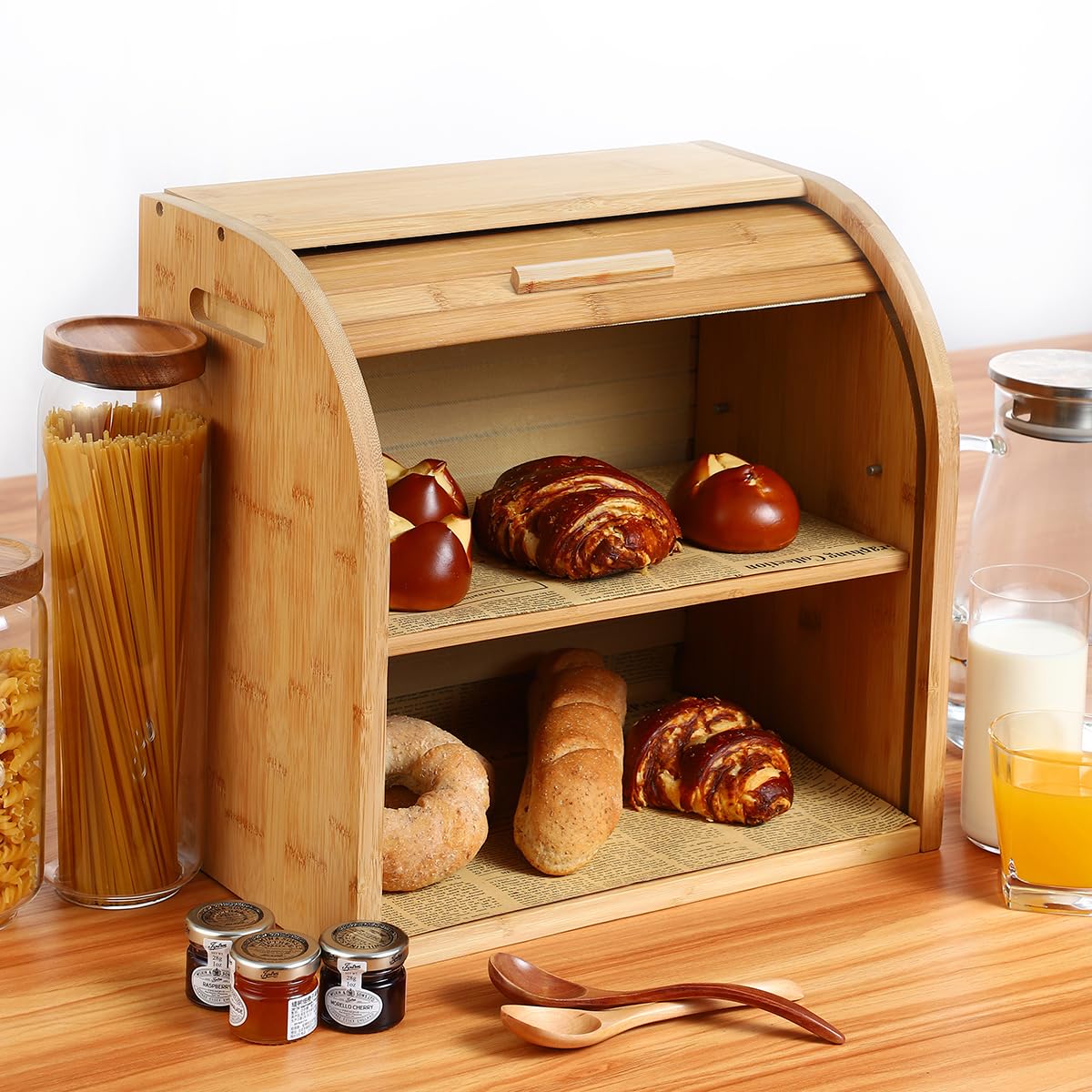 G.a HOMEFAVOR bambusowy chlebak / pojemnik na chleb z pokrywą na kółkach i z 2 przegródkami – wyjmowana przegródka, łatwy i szybki montaż – naturalne drewno – 38 cm x 25 cm x 36,8 cm