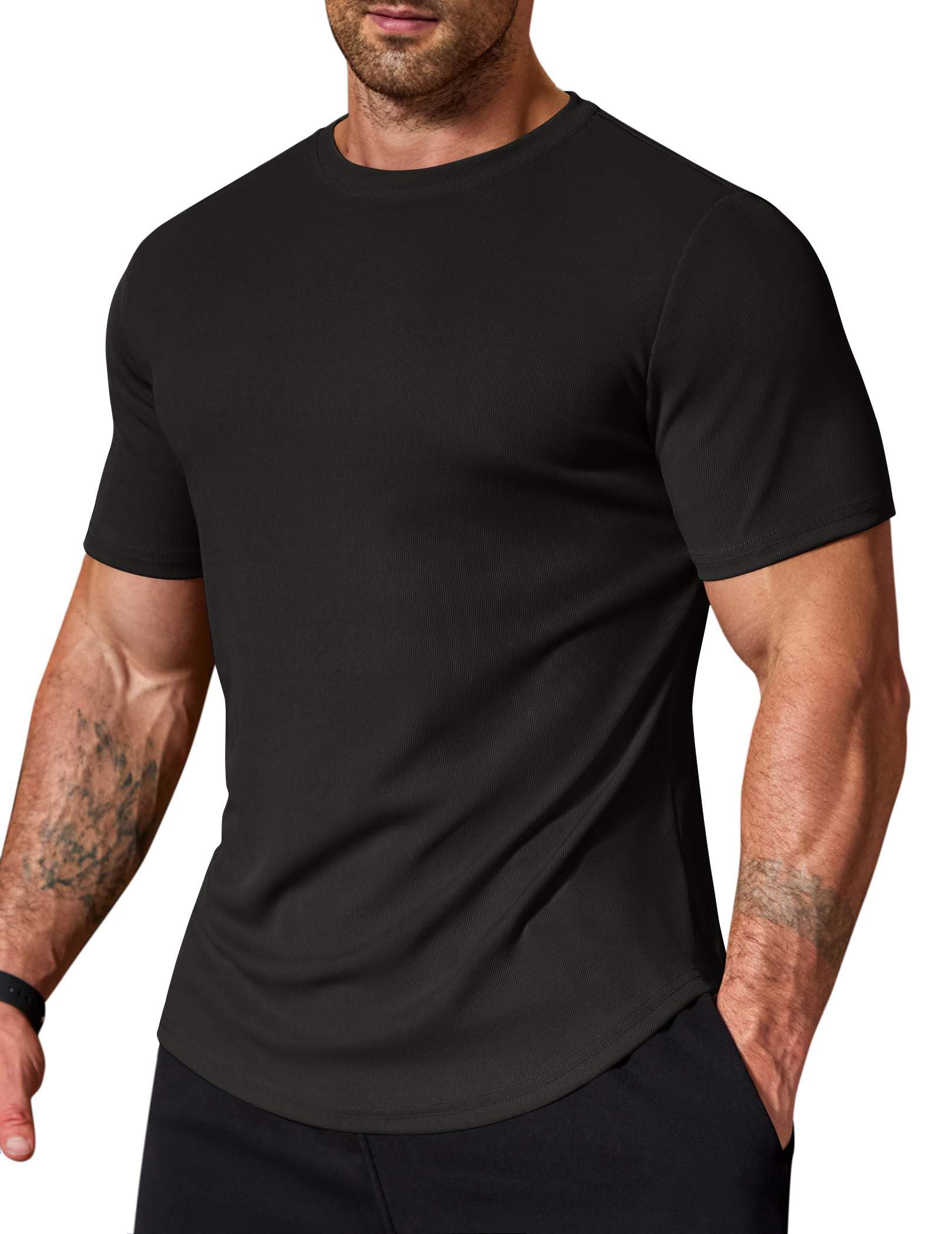Photo 1 of COOFANDY Mens Muscle T Shirts Short Sleeve Ribbed Texture Crewneck Tees Longline Workout Shirts for Men Black