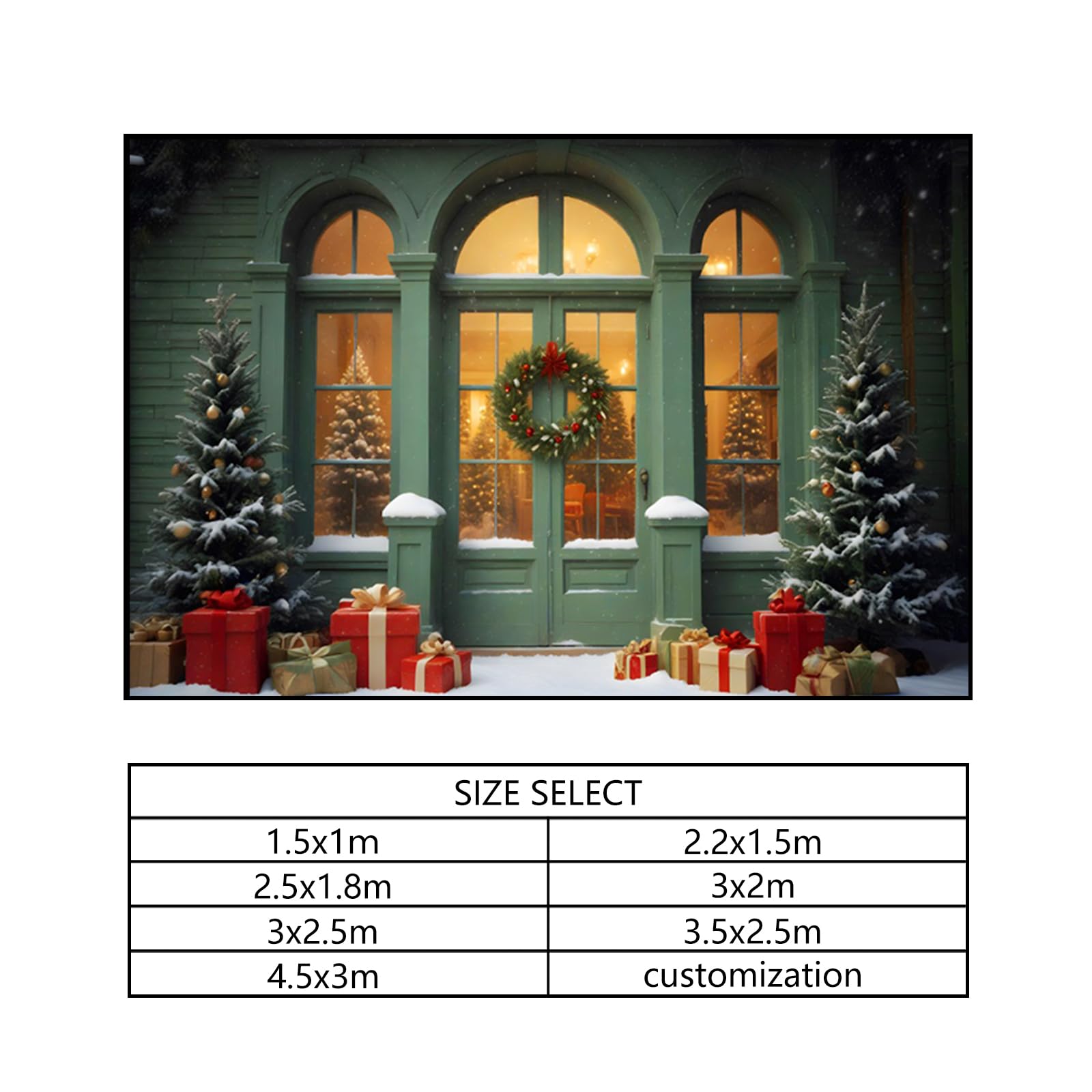 YongFoto 3,5x2,5m Notte di Natale Fondali per la fotografia Regali di Natale di Green House Door Albero di Natale Ghirlanda Festival Sfondo per festa a tema invernale Servizio fotografico Oggetti