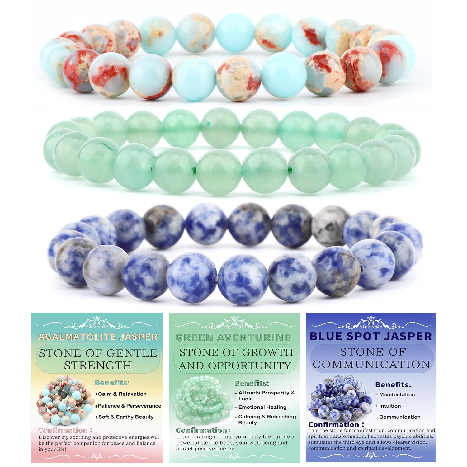 NCB Natural Crystal Gemstone Stretch Bracelets - Agalmatolite Jasper, Blue Spot, Green Aventurine (8mm, 3-Piece Set) | Reiki Energy Healing Jewelry - main product image