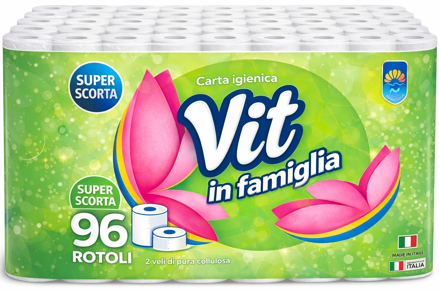 ISALP SHOP - Vit In Famiglia | Carta igienica 96 rotoli x 100 strappi, 2 veli super compatto | Super scorta per super risparmio | Carta 100% certificata FSC®