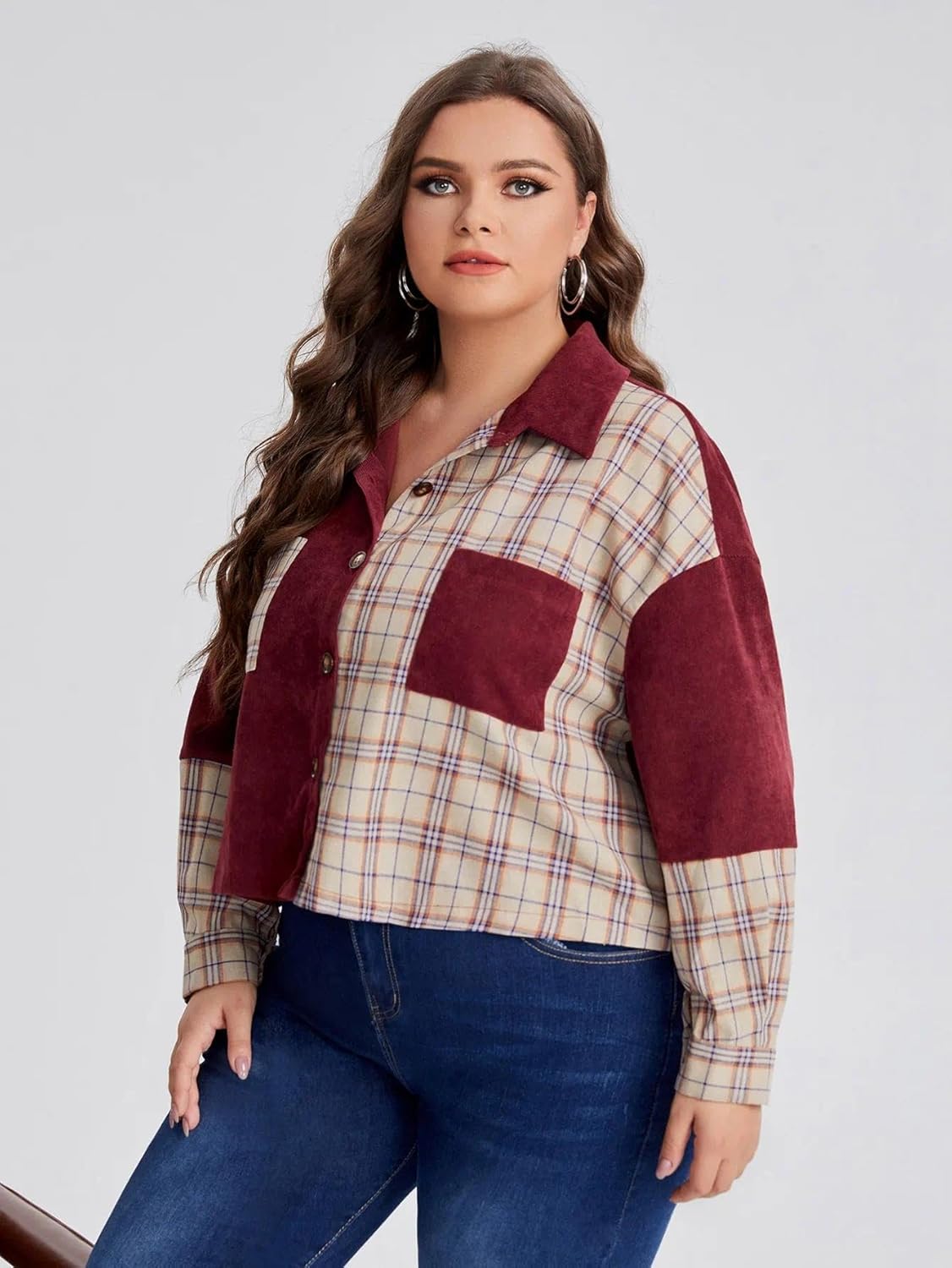 Plus Size Flannel Shirt Women Plaid Color Block Button Jacket Long Sleeve Fall Shirts for Women Casual Shacket - Image 5