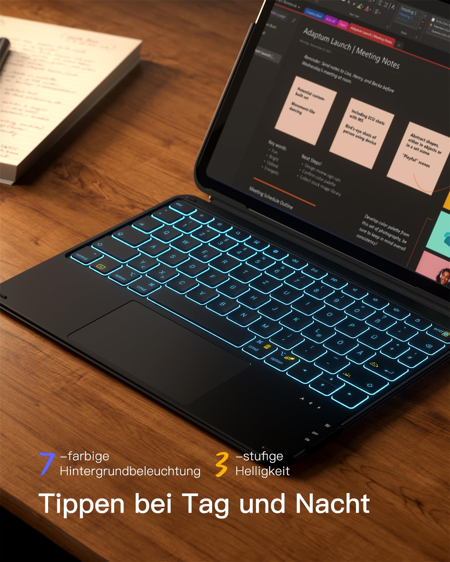 Inateck Hülle mit Tastatur Ultraleichte für iPad 11 (A16 2025)/10 Gen,iPad Air 11" M4/M3/M2 (2026/2025/2024),Air 5/4,Pro 11 4/3/2/1,Abnehmbar,7FarbigerBeleuchtung,Tarckpad,QWERTZ,AceTouch KB04122-RGB
