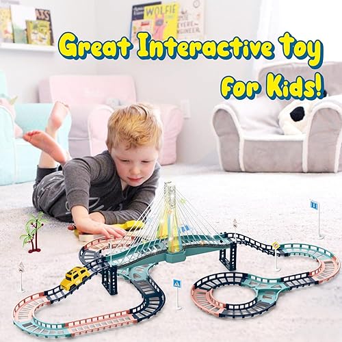 Miniatura 6 de PIXATA Juego de pista de juguetes para niños pequeños, juegos de pista de carreras de autos con luz de sonido, juego de pista de coche eléctrico