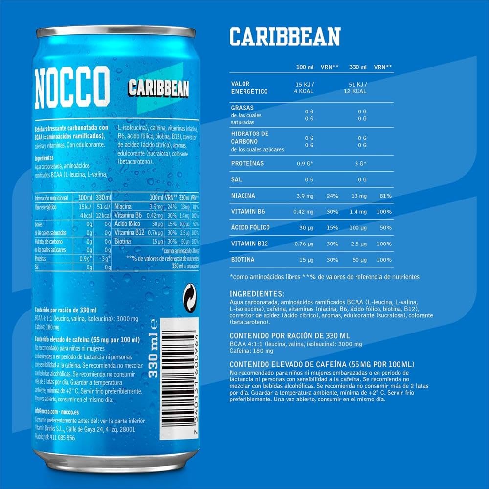 NOCCO BCAA - Bebida Energética con 180mg Cafeína, 3000 mg BCAA, Sin Azúcar, Sin Carbohidratos, Enriquecida con Vitaminas - 24 x 330ml inkl. Pfand (Mix Sabores)
