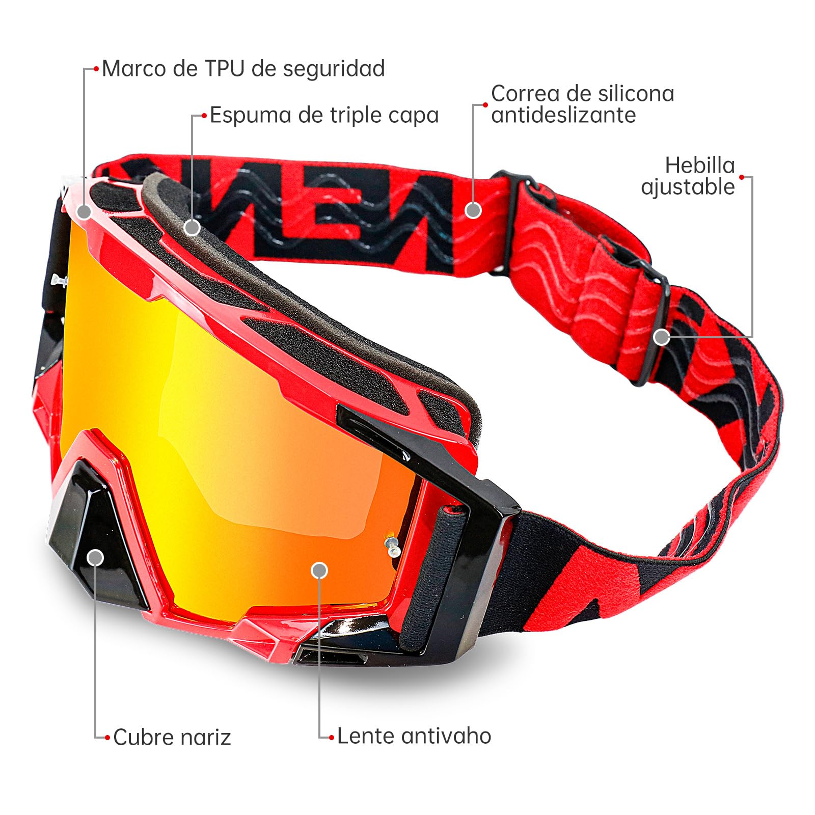 Gafas Motocross, Gafas Moto con protección nasal, Gafas Nieve para hombre y mujer, para deportes al aire libre, como Gafas Enduro