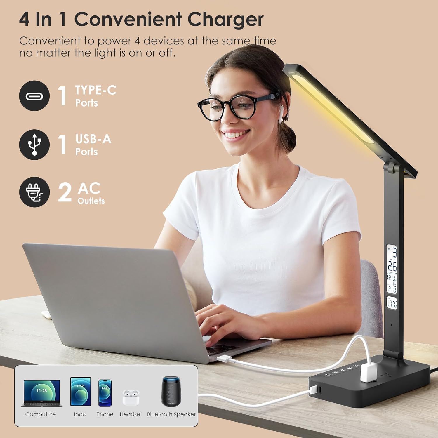 Power Strip with LED Desk Lamp: Table Lamp with Charging Station - 2 Outlets 1 USB-A Ports 1 Type-C Ports, Surge Protection and Led Display, 5ft Extension Cord, 5 Color Modes 5 Brightness