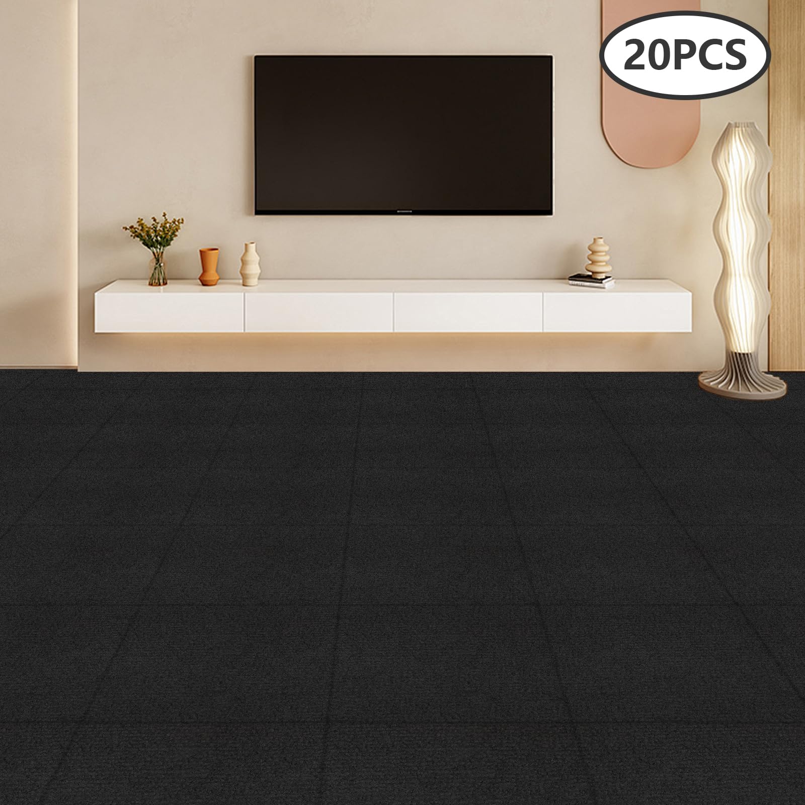 Azulejos de moqueta autoadhesivos, 50 x 50 cm, 20 unidades, fácil de cortar, alfombra cuadrada para el suelo de salones, pasillos, oficinas, hoteles (negro)