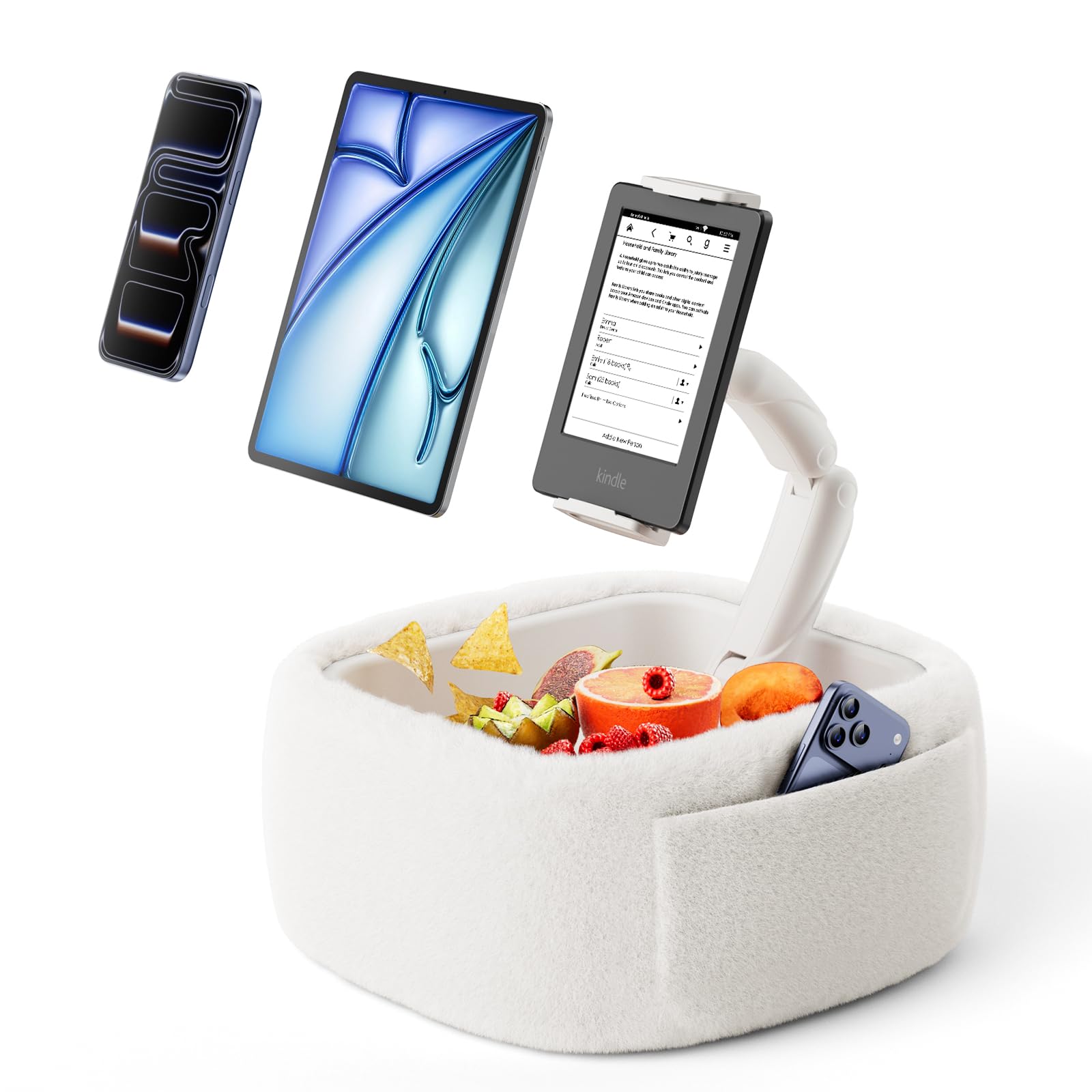 LULULOOK Ultra Fluffy Kindle Pillow Stand for Reading, Lap Tablet Pillow Stand with Snack Bowl & Flodable Arm Compatible with iPad, Phone and 4.7-14.6” Tablet for Book Reading in Bed