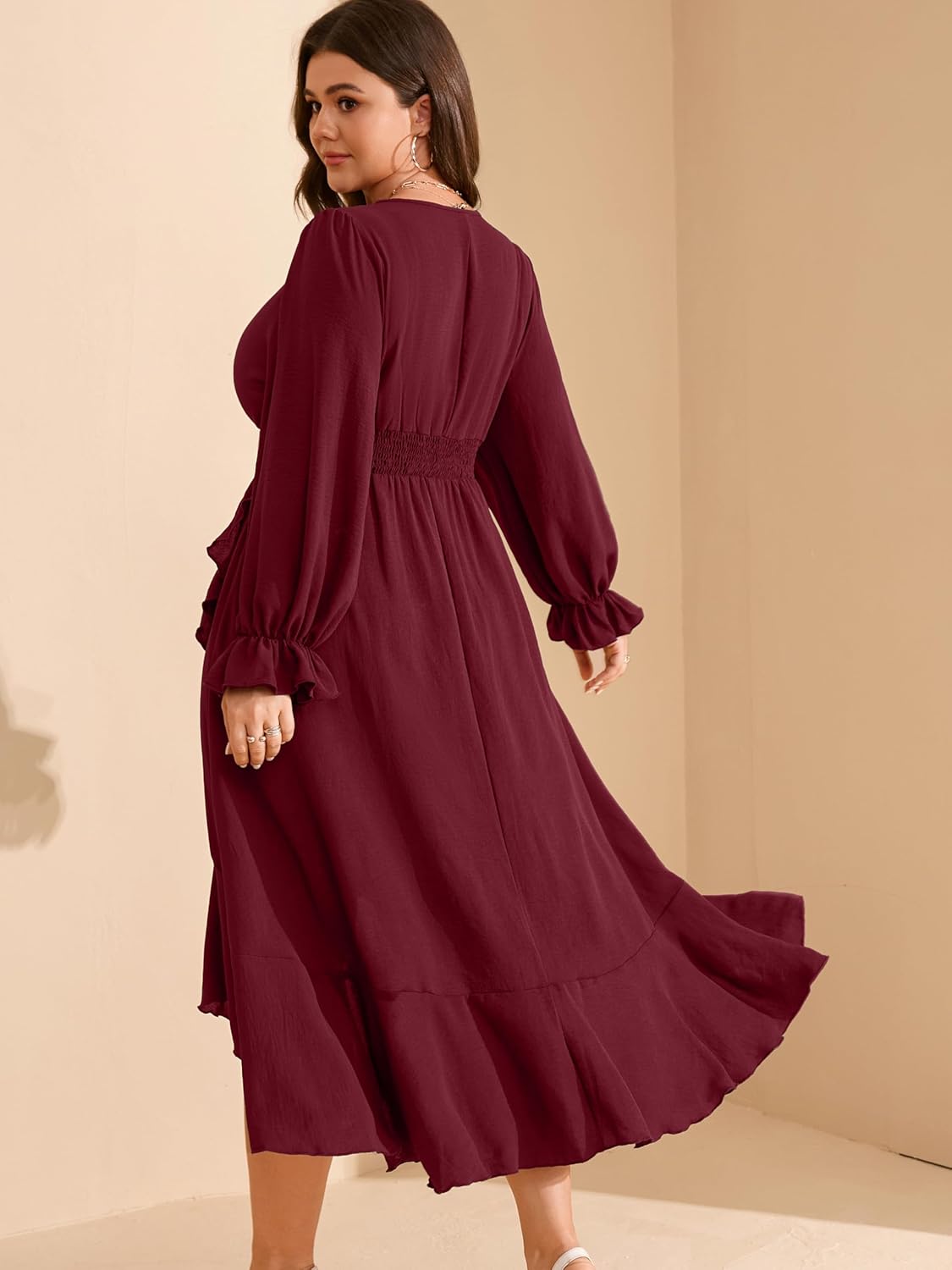 RWJ Women's Plus Size Wedding Guest Maxi Dress Wrap V Neck Long Sleeve High Low Ruffle Cocktail Fall Dresses - Image 2