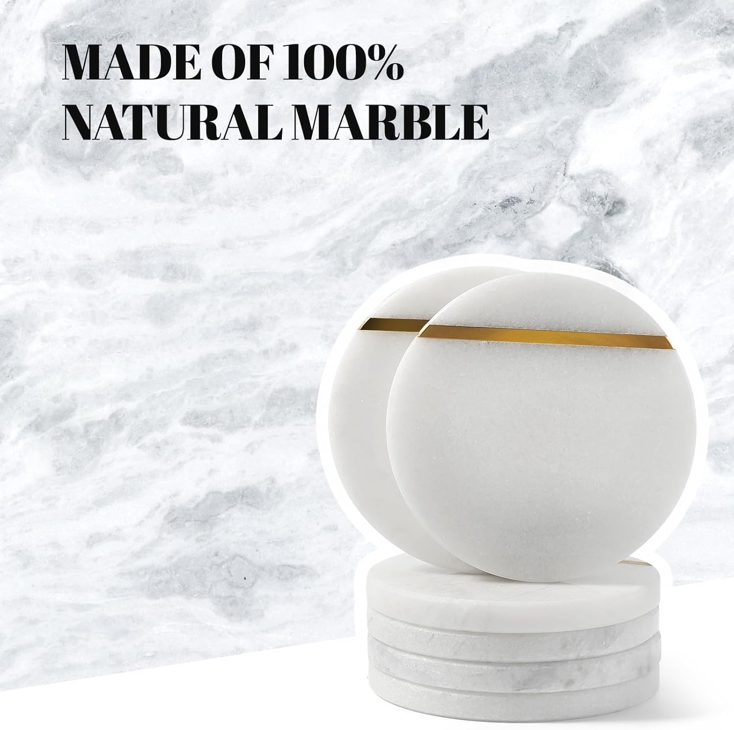 Koville White Marble Coasters Set of 6 for Coffee Table, 3.9" Inches Handmade Round Coaster, Luxury Aesthetic Marble Drink Coaster for Table Décor Home Décor, Stone Coasters for Dining, Bar or Office