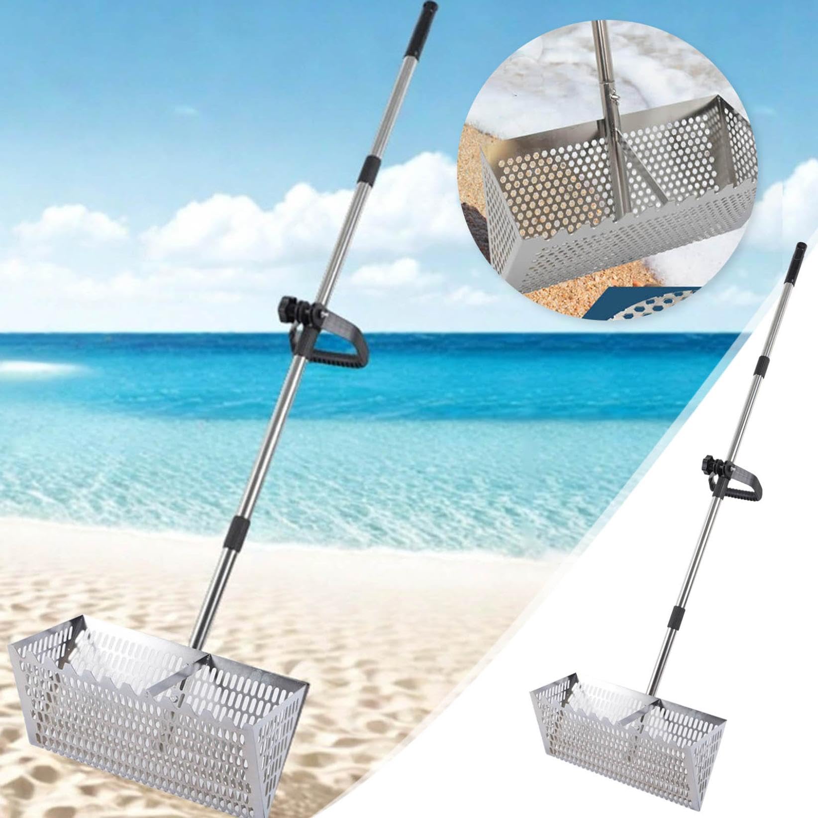 Râteau De Puce De Sable, Grand Tamis à Sable De Plage en Acier Inoxydable avec Poignée De 140 Cm De Long Et Panier De 40 X 20 Cm - Passoire à Sable Amovible pour La Pêche Et La Plage