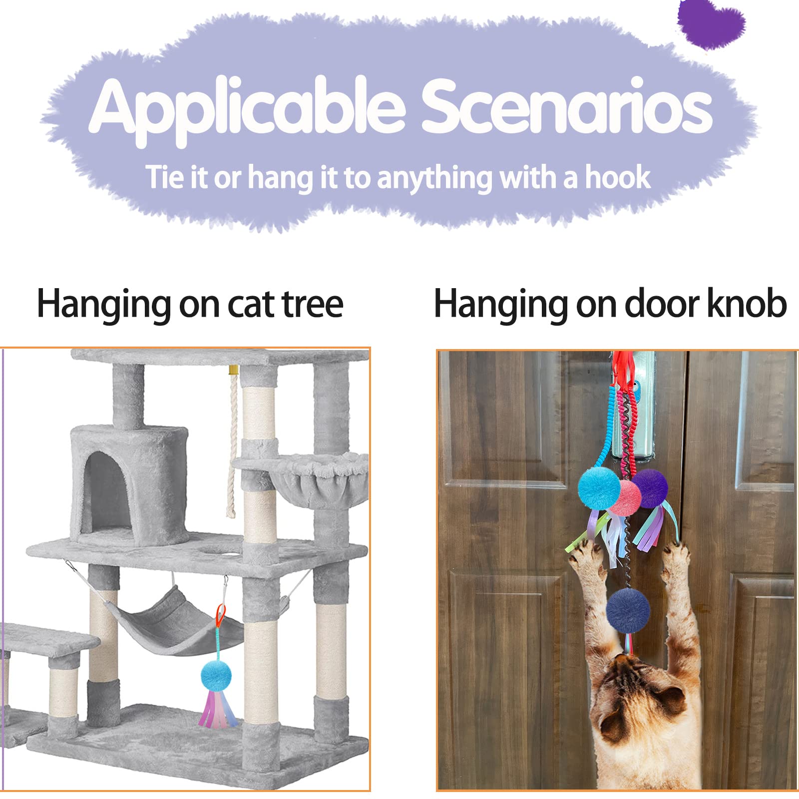 Set di 4 giocattoli interattivi accartocciati colorati con nastro e molle elicoidali elastiche per gatti interni da appendere alla porta